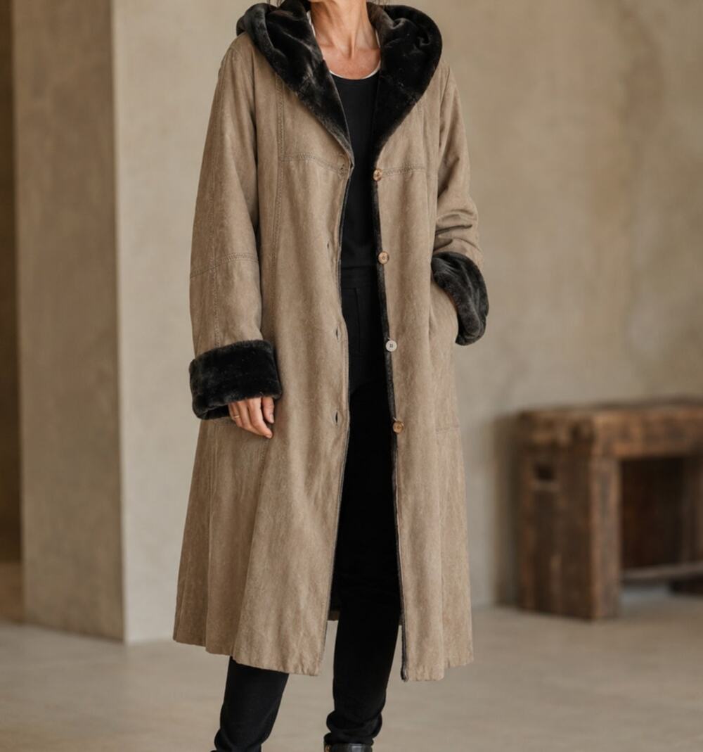 Vintage 90s Utex Vegan Suede Faux Fur Hooded Maxi Winter Chalet Coat Womens XL